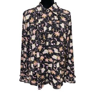 INC Black Floral Paisley Ruffle Blouse Boho Whimsigoth Button Front 1X